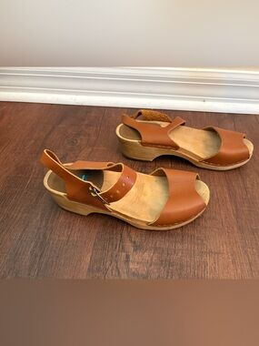 Swedish Style Wooden Clog Sandals Brown Leather Size 39